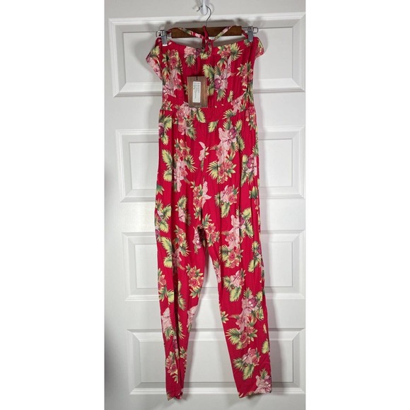 Triple Five Soul SALESMAN SAMPLE Jumpsuit Raspberry Red Tropical Floral Medium - Picture 3 of 7